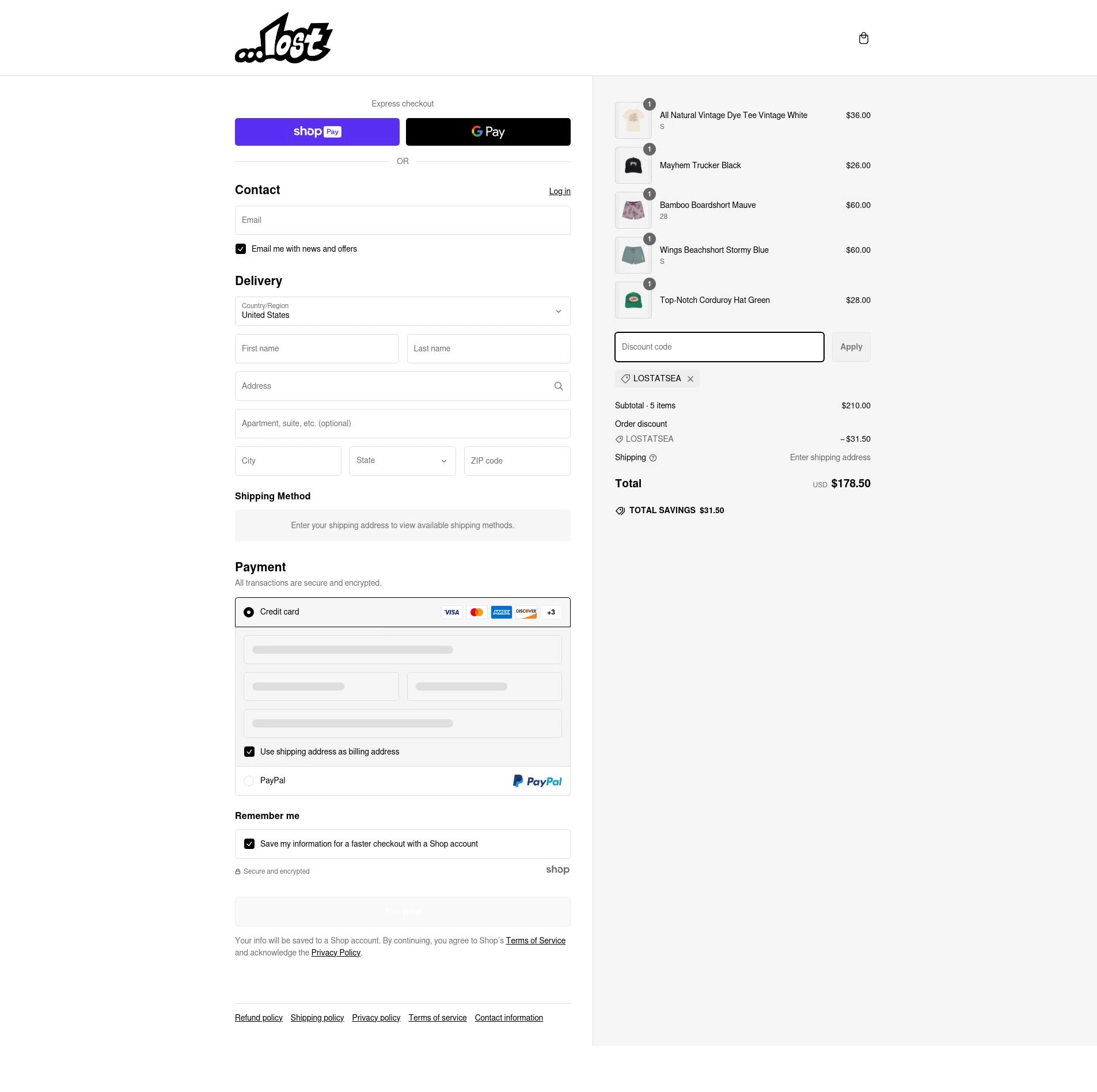 Lost Enterprises checkout page showing Lost Enterprises coupon code box | Screenshot taken by SimplyCodes community member on Feb 26, 2025