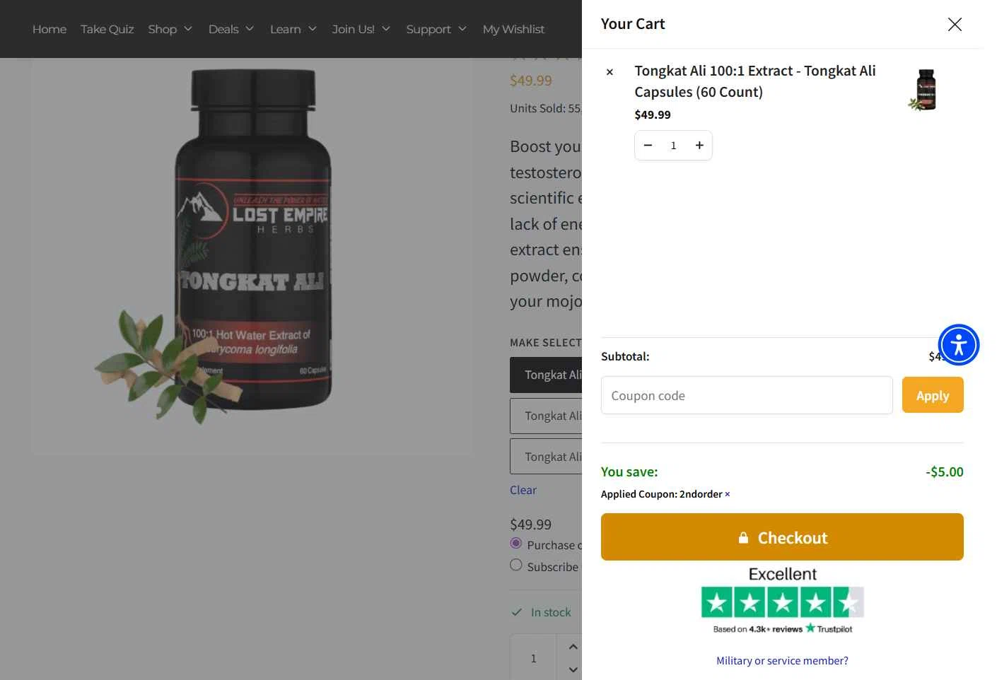 Lost Empire Herbs checkout page showing Lost Empire Herbs coupon code box | Screenshot taken by SimplyCodes community member on Feb 9, 2026