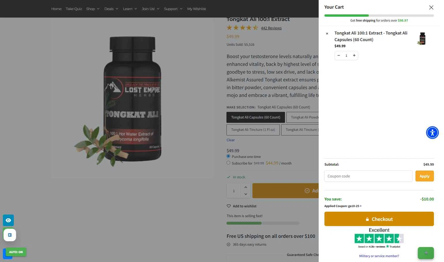 Lost Empire Herbs checkout page showing Lost Empire Herbs coupon code box | Screenshot taken by SimplyCodes community member on Feb 8, 2026