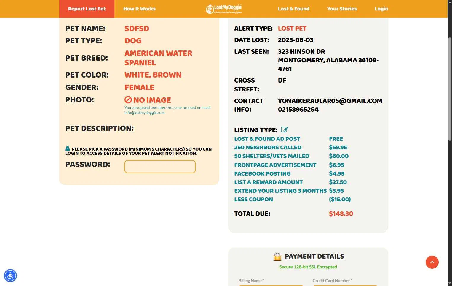 LostMyDoggie.com checkout page showing LostMyDoggie.com coupon code box | Screenshot taken by SimplyCodes community member on Sep 4, 2025
