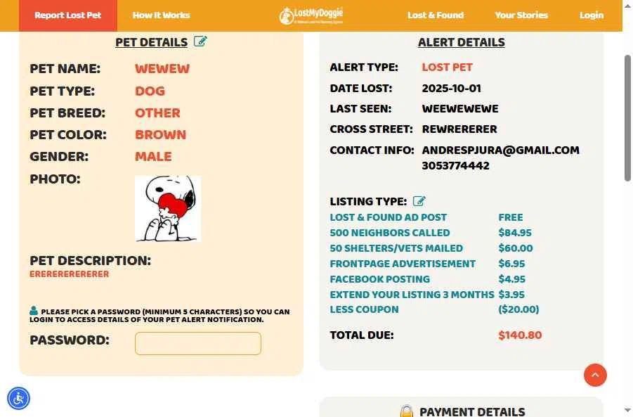 LostMyDoggie.com checkout page showing LostMyDoggie.com coupon code box | Screenshot taken by SimplyCodes community member on Oct 6, 2025