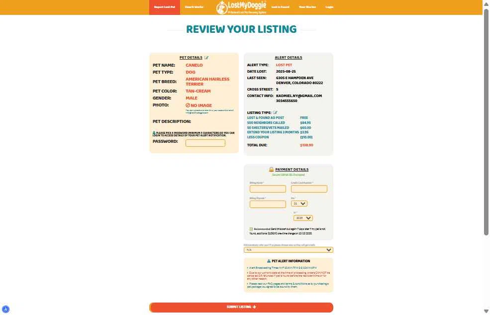 LostMyDoggie.com checkout page showing LostMyDoggie.com coupon code box | Screenshot taken by SimplyCodes community member on Oct 6, 2025