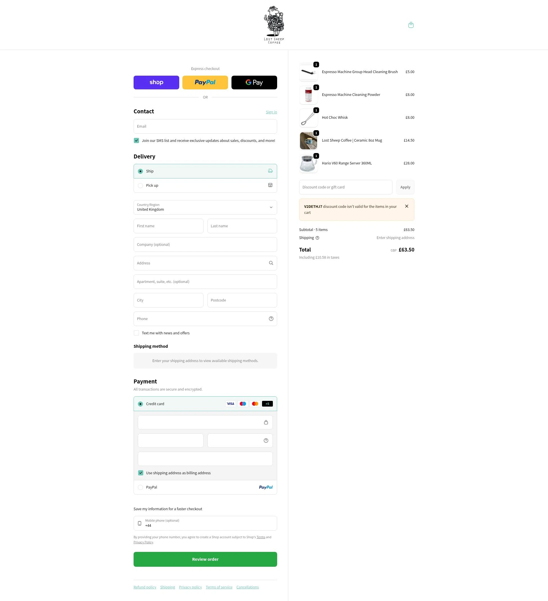 Lost Sheep Coffee checkout page showing Lost Sheep Coffee discount code box | Screenshot taken by SimplyCodes community member on Jan 9, 2026