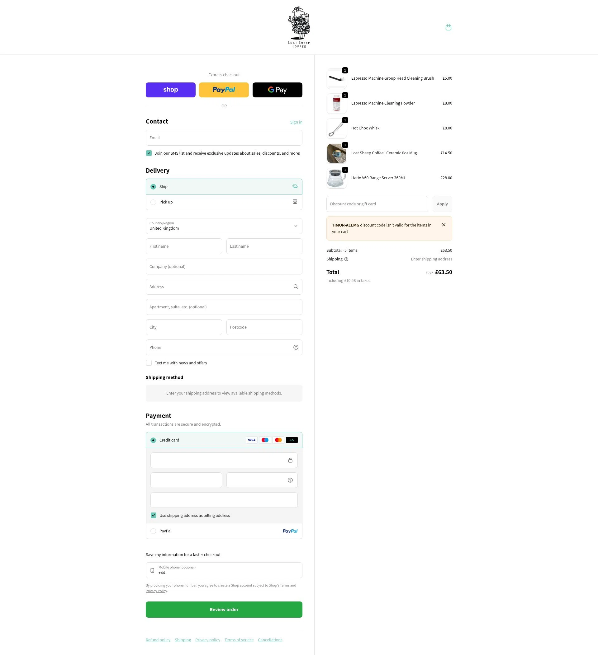 Lost Sheep Coffee checkout page showing Lost Sheep Coffee discount code box | Screenshot taken by SimplyCodes community member on Jan 9, 2026