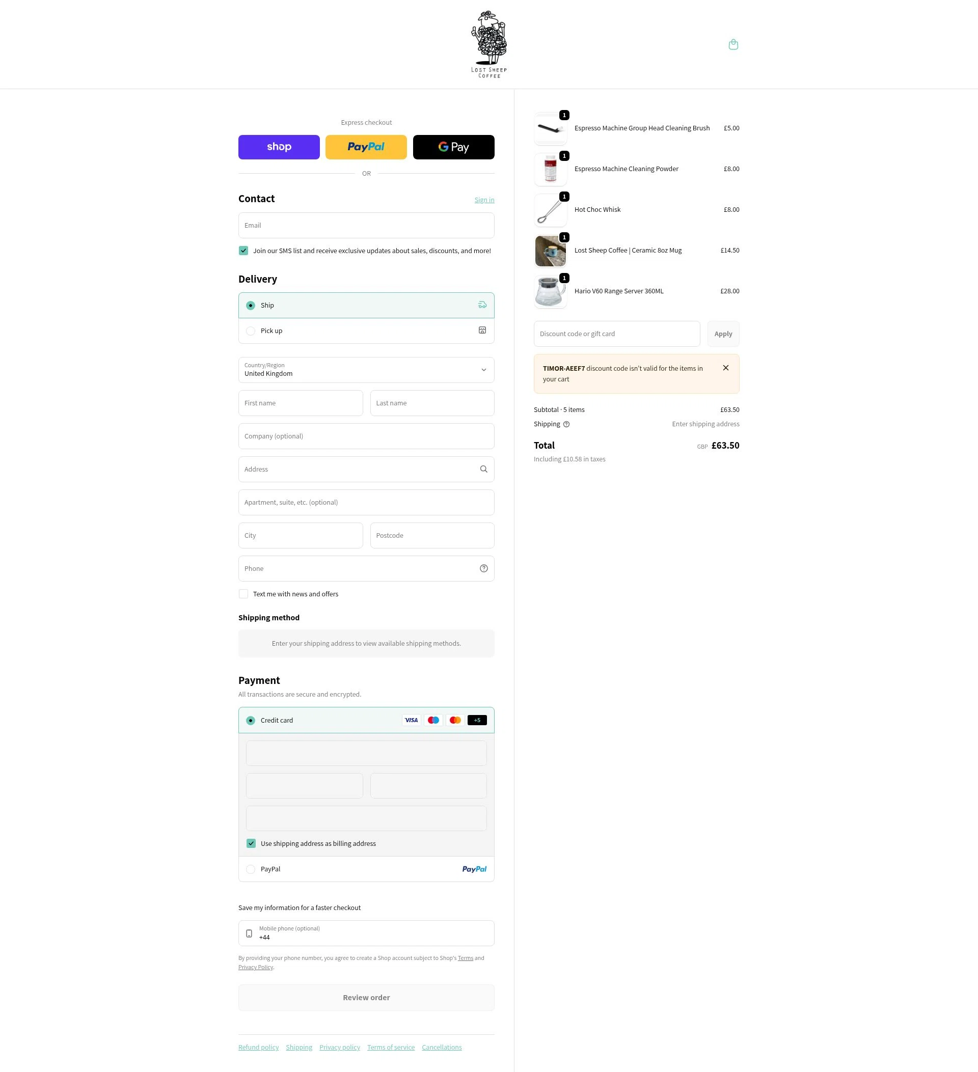 Lost Sheep Coffee checkout page showing Lost Sheep Coffee discount code box | Screenshot taken by SimplyCodes community member on Jan 9, 2026
