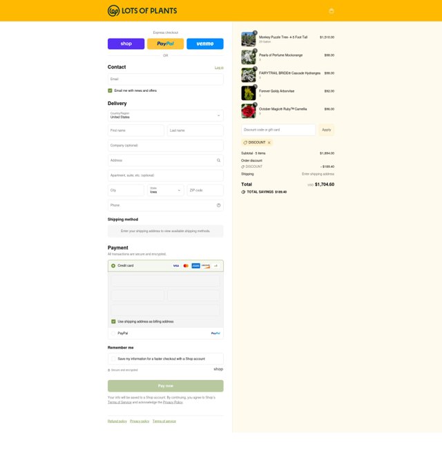 Lots of Plants checkout page showing Lots of Plants coupon code box | Screenshot taken by SimplyCodes community member on Sep 6, 2025