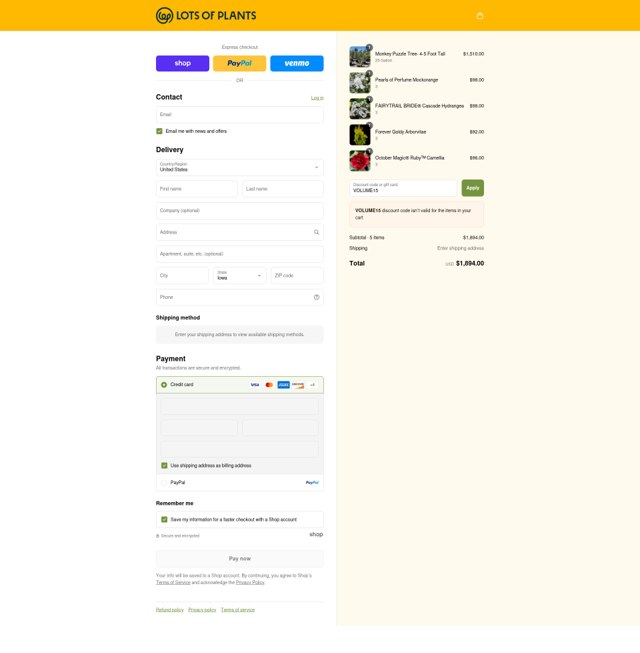 Lots of Plants checkout page showing Lots of Plants coupon code box | Screenshot taken by SimplyCodes community member on Sep 6, 2025