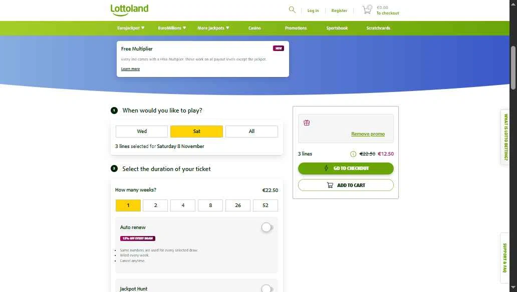Lottoland Canada checkout page showing Lottoland Canada promo code box | Screenshot taken by SimplyCodes community member on Nov 6, 2025