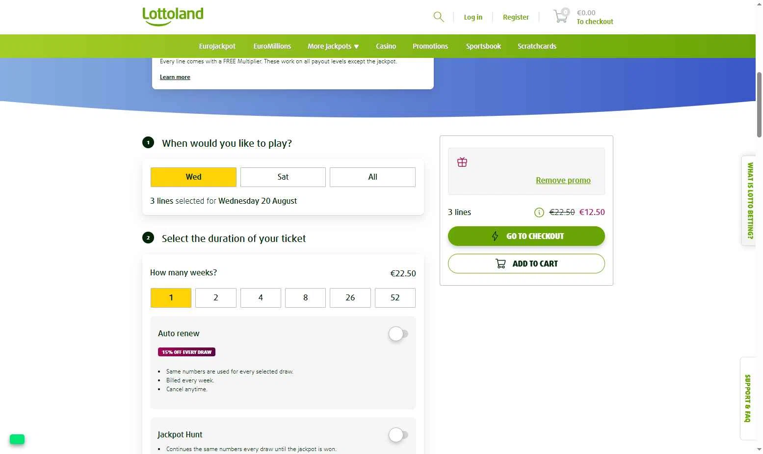 Lottoland Canada checkout page showing Lottoland Canada promo code box | Screenshot taken by SimplyCodes community member on Aug 17, 2025