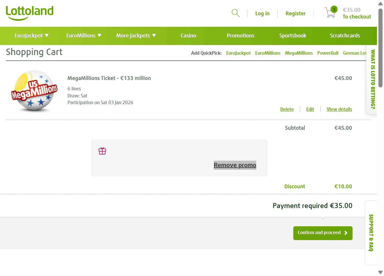 Lottoland Canada checkout page showing Lottoland Canada promo code box | Screenshot taken by SimplyCodes community member on Dec 31, 2025