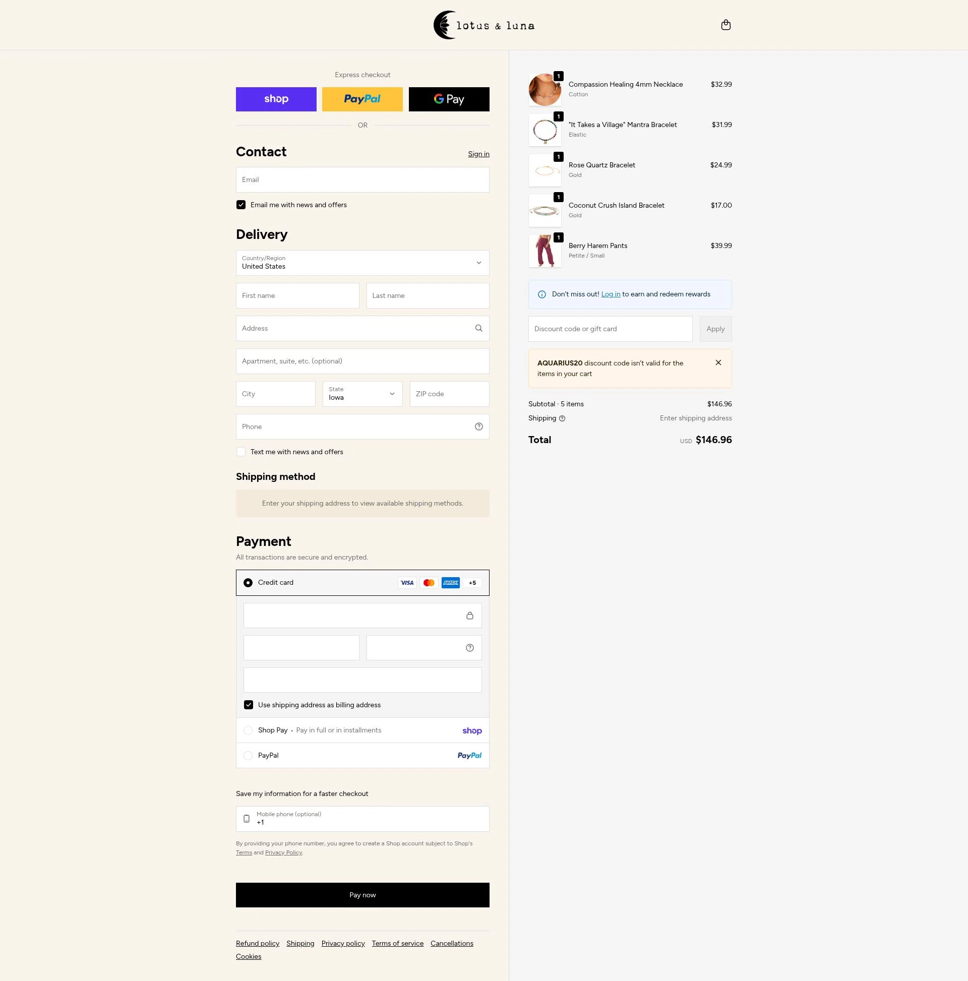 Lotus and Luna checkout page showing Lotus and Luna coupon code box | Screenshot taken by SimplyCodes community member on Feb 15, 2026