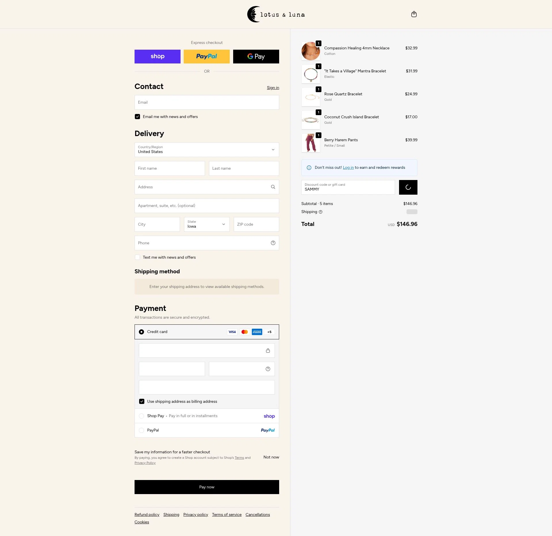 Lotus and Luna checkout page showing Lotus and Luna coupon code box | Screenshot taken by SimplyCodes community member on Feb 15, 2026