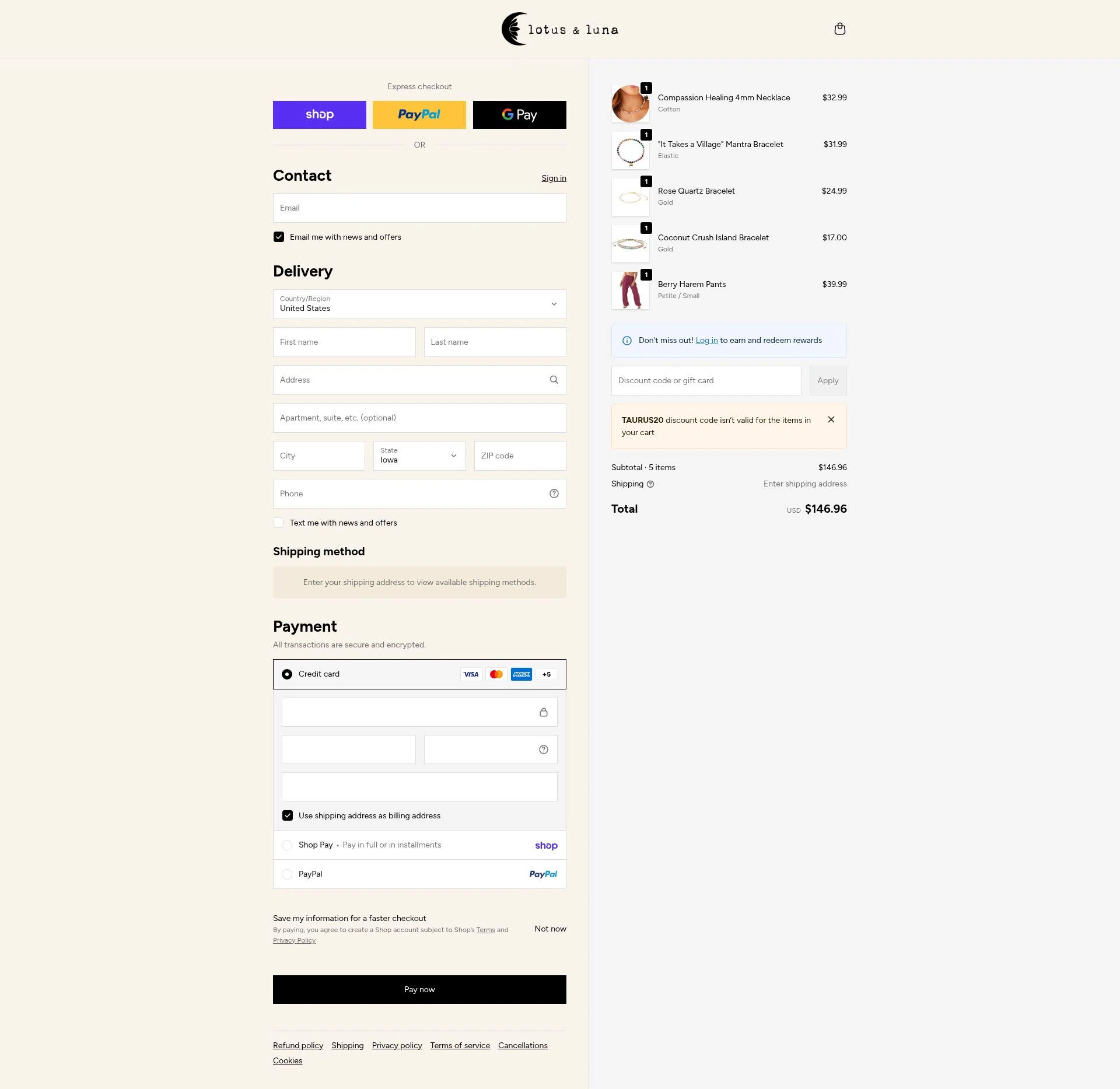 Lotus and Luna checkout page showing Lotus and Luna coupon code box | Screenshot taken by SimplyCodes community member on Feb 15, 2026