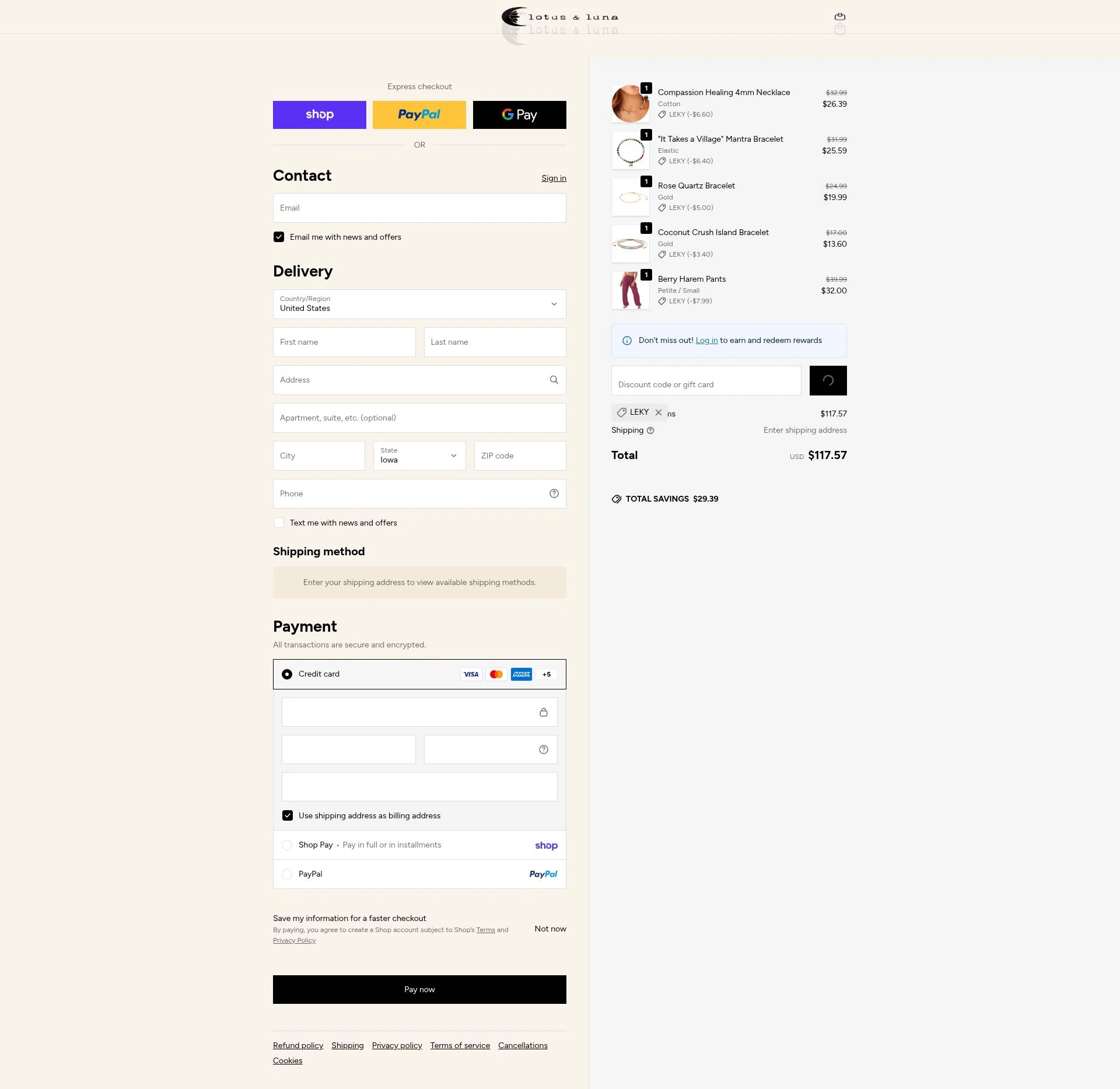Lotus and Luna checkout page showing Lotus and Luna coupon code box | Screenshot taken by SimplyCodes community member on Feb 15, 2026