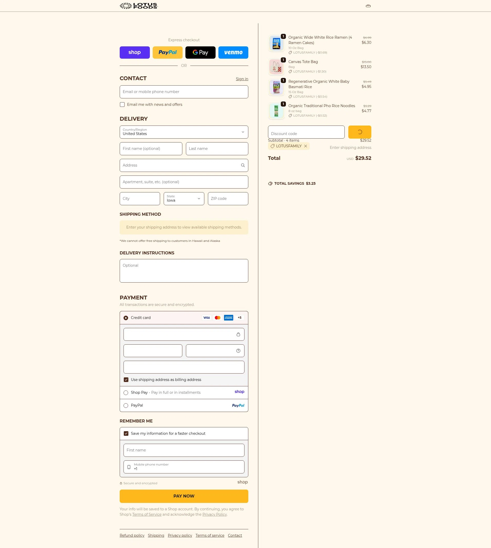 Lotus Foods checkout page showing Lotus Foods promo code box | Screenshot taken by SimplyCodes community member on Jan 4, 2026