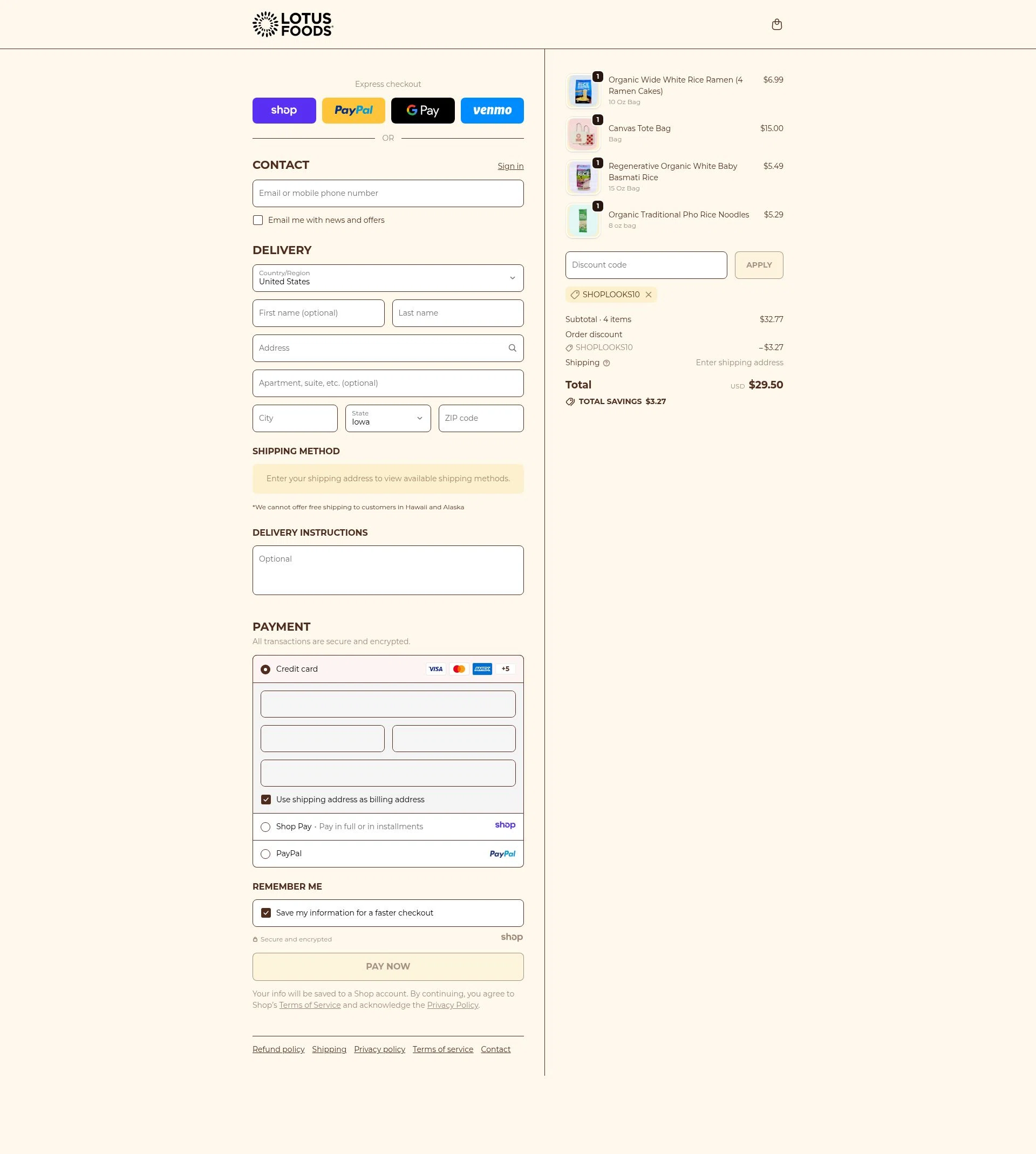 Lotus Foods checkout page showing Lotus Foods promo code box | Screenshot taken by SimplyCodes community member on Jan 4, 2026