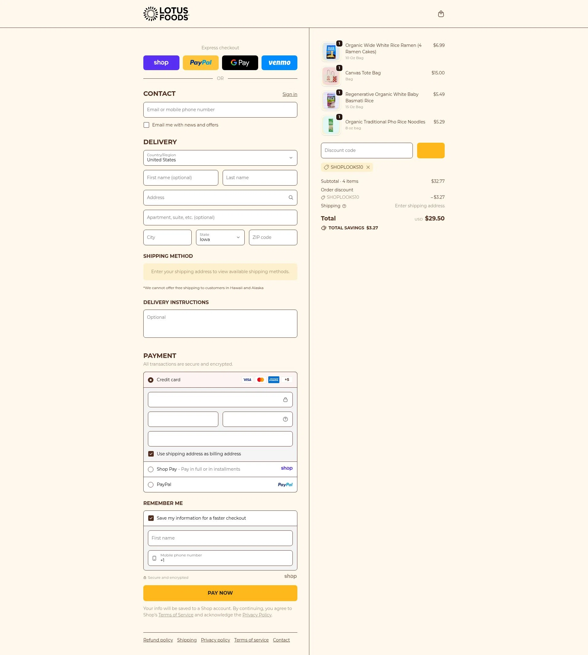 Lotus Foods checkout page showing Lotus Foods promo code box | Screenshot taken by SimplyCodes community member on Dec 30, 2025