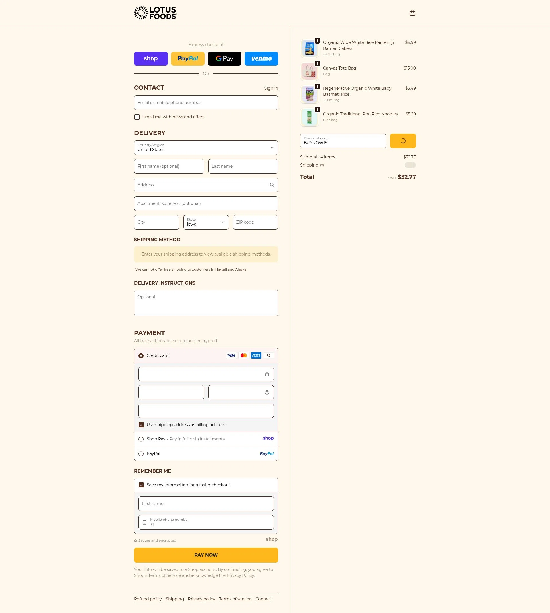 Lotus Foods checkout page showing Lotus Foods promo code box | Screenshot taken by SimplyCodes community member on Jan 4, 2026