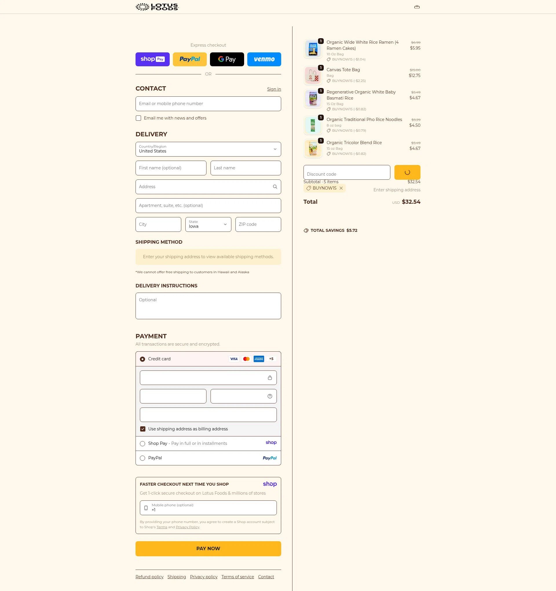 Lotus Foods checkout page showing Lotus Foods promo code box | Screenshot taken by SimplyCodes community member on Jan 9, 2026