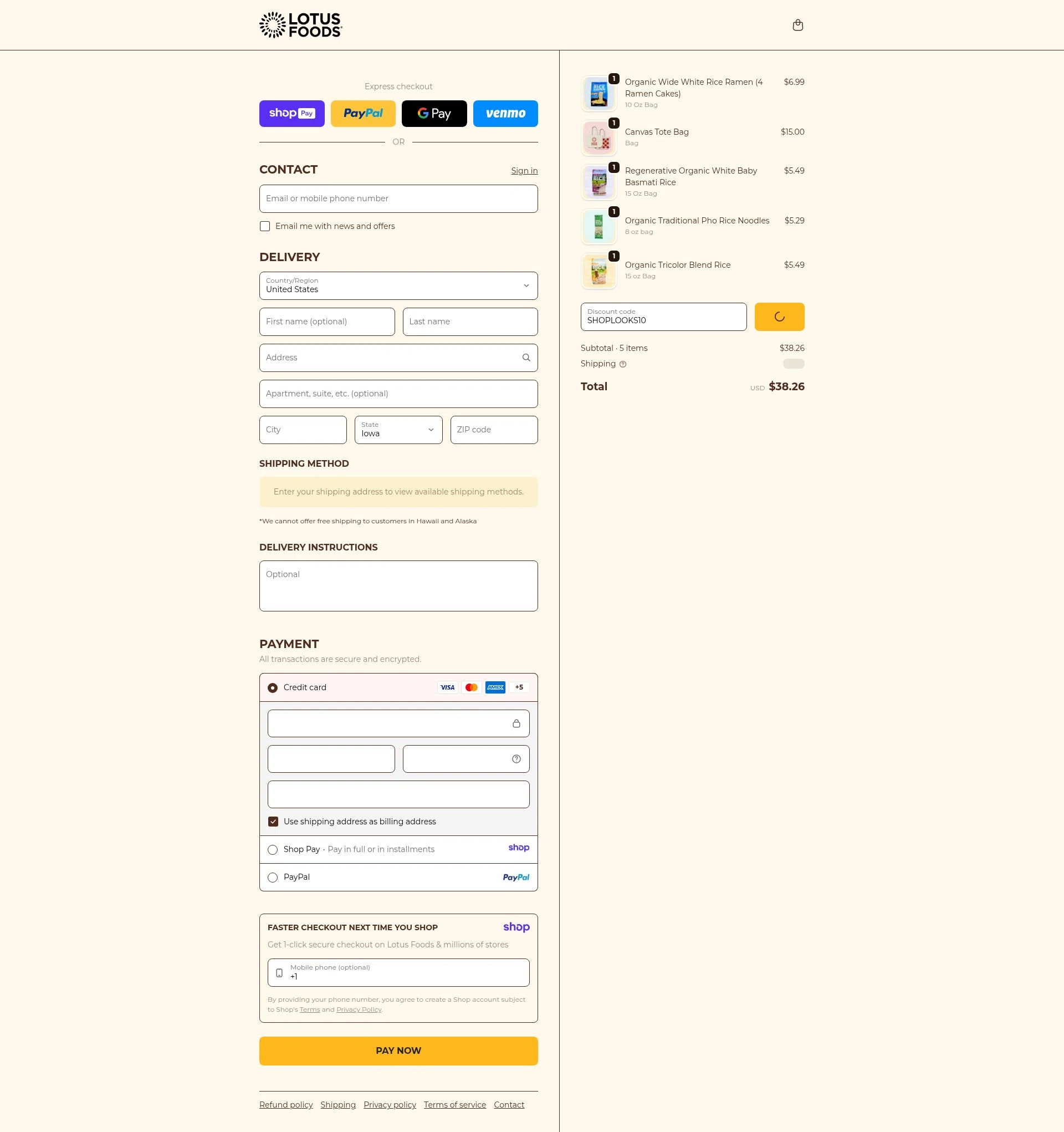 Lotus Foods checkout page showing Lotus Foods promo code box | Screenshot taken by SimplyCodes community member on Jan 9, 2026