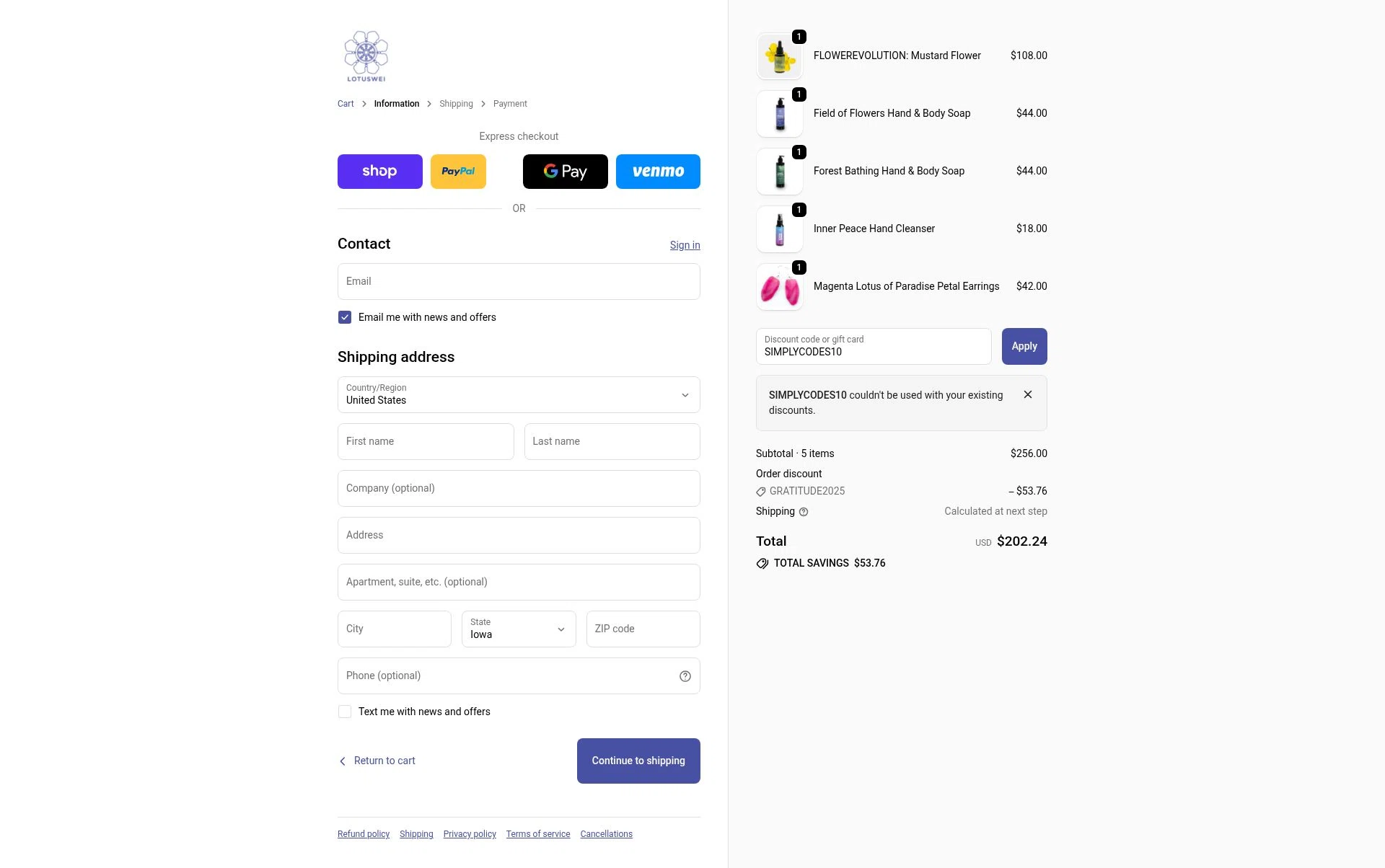 LOTUSWEI checkout page showing LOTUSWEI discount code box | Screenshot taken by SimplyCodes community member on Nov 30, 2025
