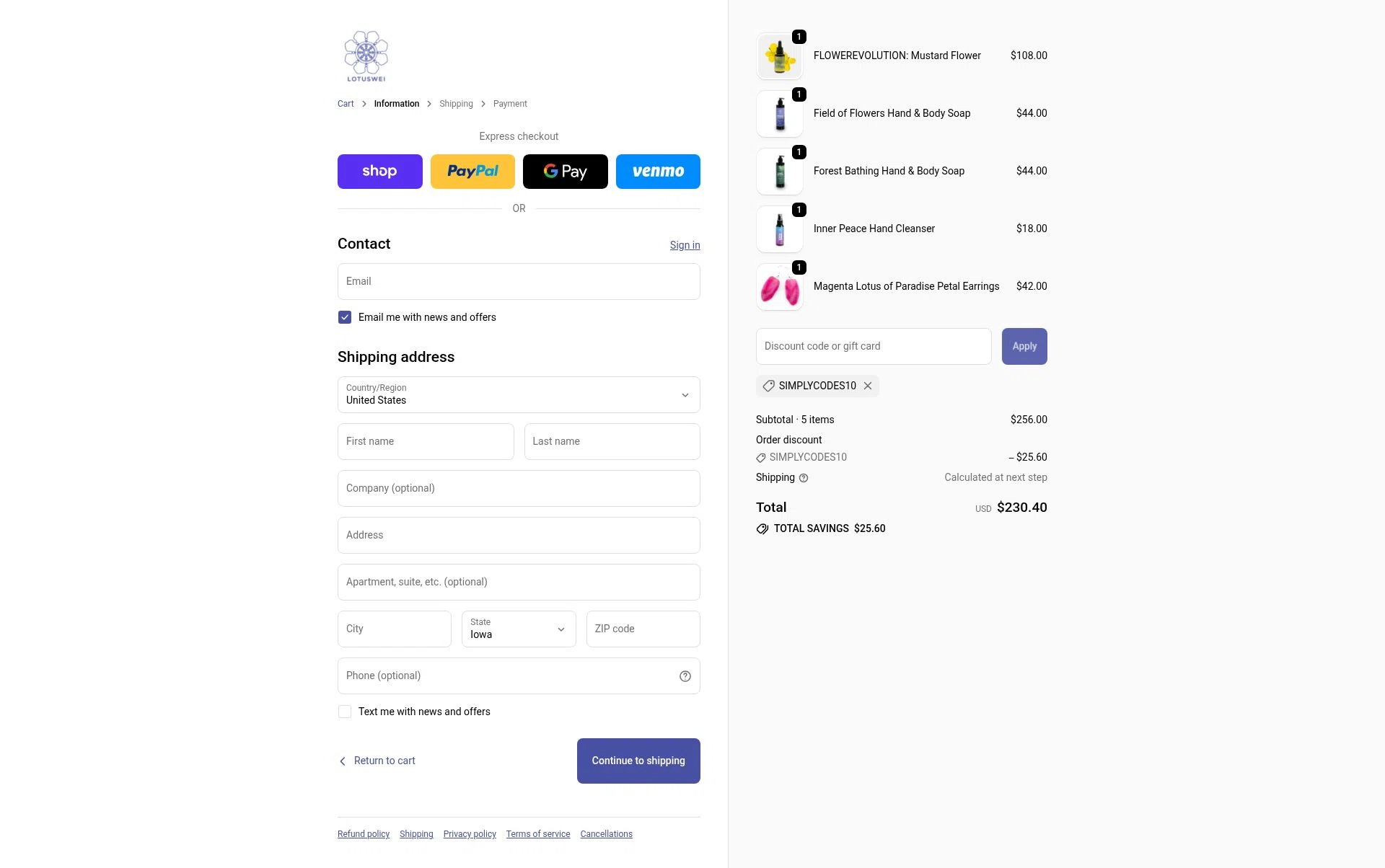 LOTUSWEI checkout page showing LOTUSWEI discount code box | Screenshot taken by SimplyCodes community member on Dec 5, 2025