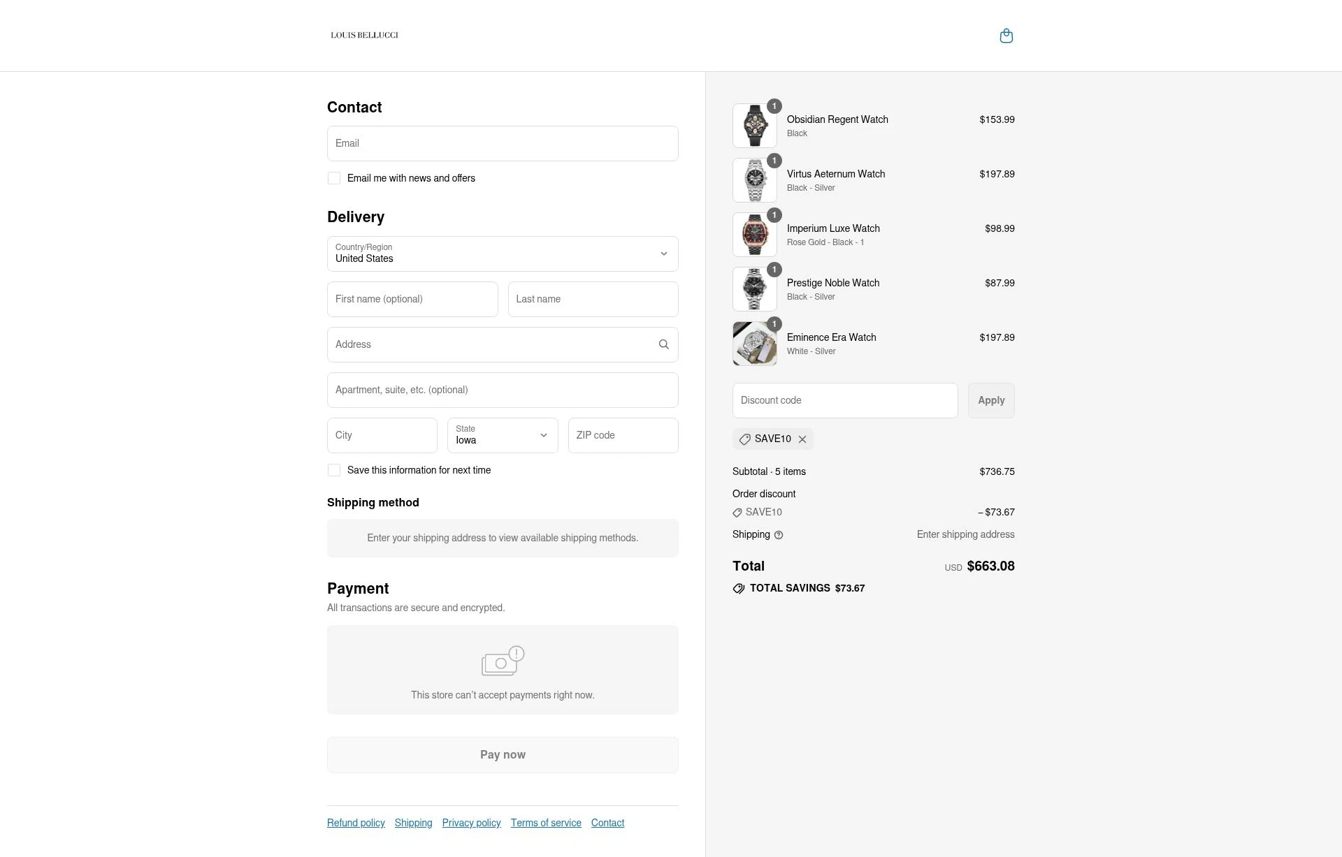 Louis Bellucci checkout page showing Louis Bellucci promo code box | Screenshot taken by SimplyCodes community member on Aug 9, 2025