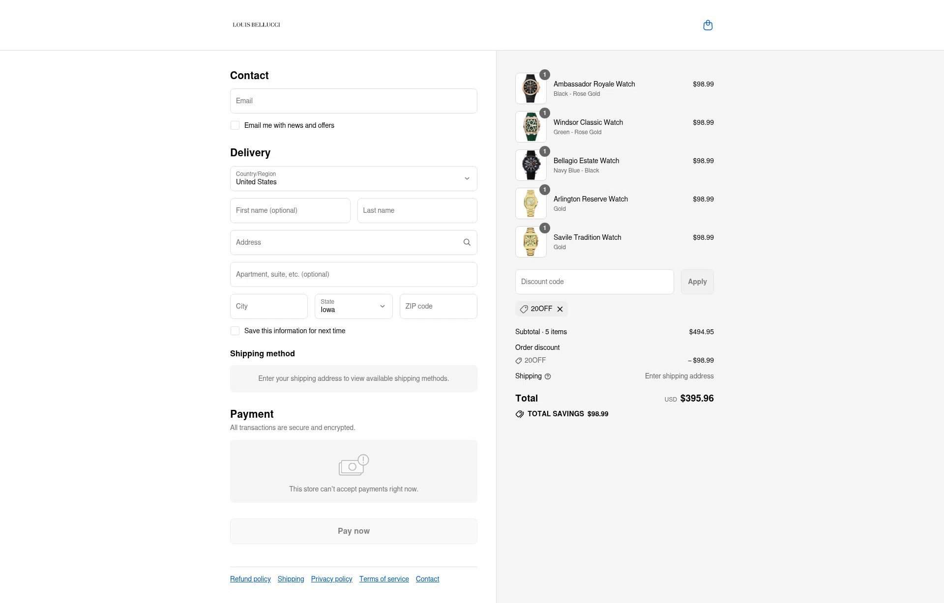Louis Bellucci checkout page showing Louis Bellucci promo code box | Screenshot taken by SimplyCodes community member on Aug 22, 2025