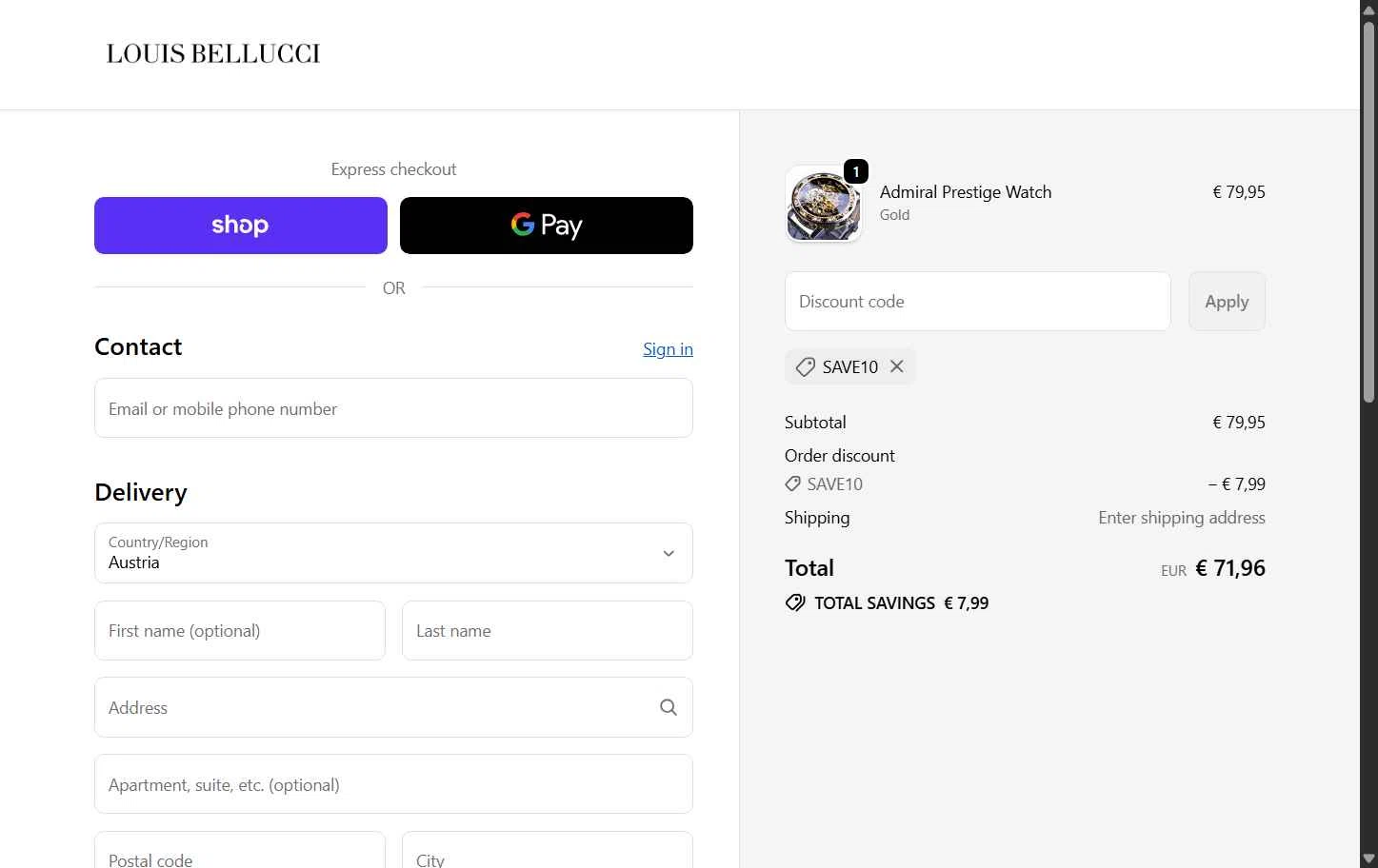 Louis Bellucci checkout page showing Louis Bellucci promo code box | Screenshot taken by SimplyCodes community member on Oct 22, 2025