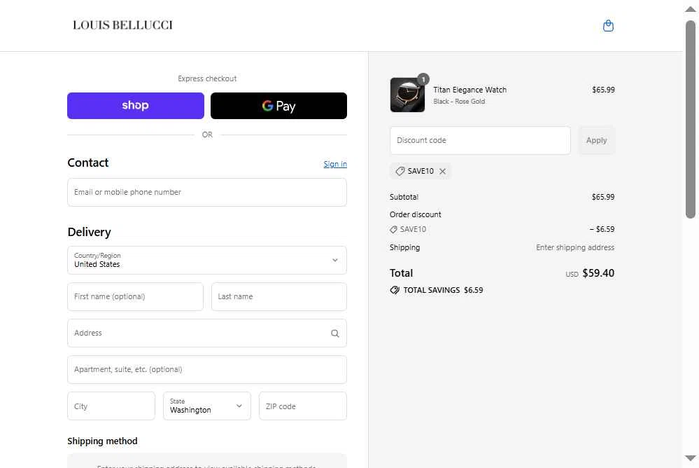 Louis Bellucci checkout page showing Louis Bellucci promo code box | Screenshot taken by SimplyCodes community member on Sep 12, 2025