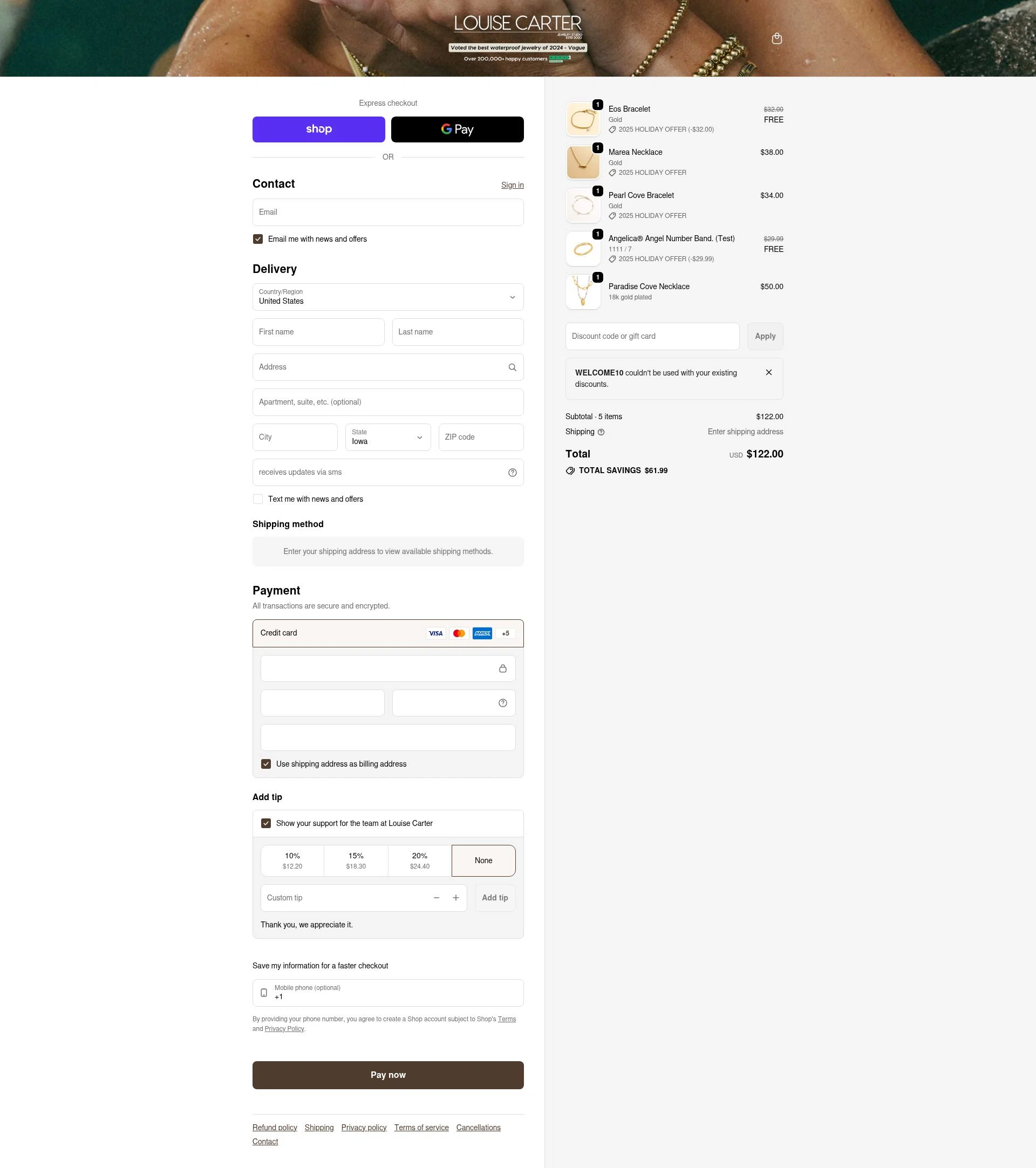 Louise Carter checkout page showing Louise Carter discount code box | Screenshot taken by SimplyCodes community member on Feb 2, 2026