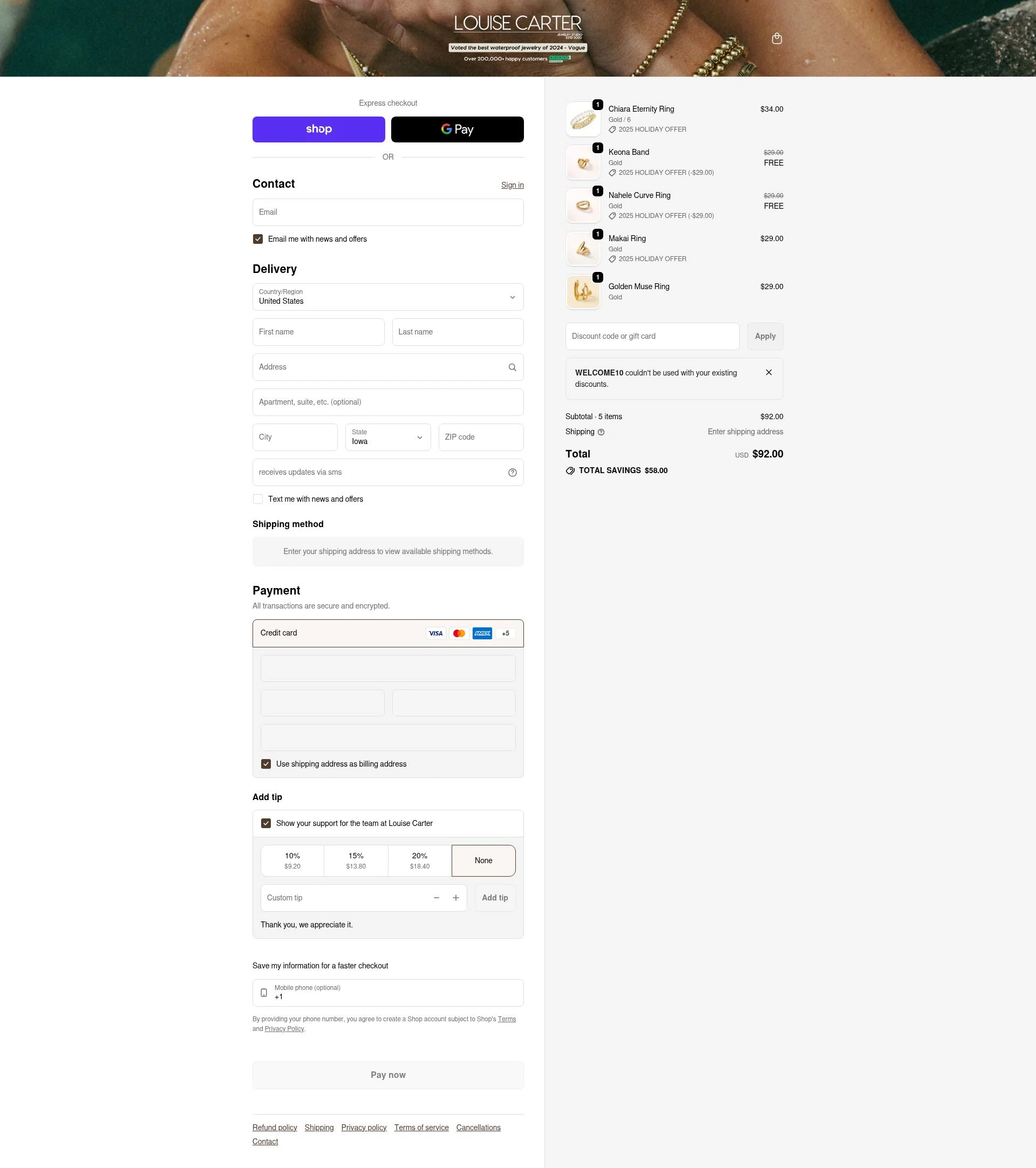 Louise Carter checkout page showing Louise Carter discount code box | Screenshot taken by SimplyCodes community member on Feb 7, 2026