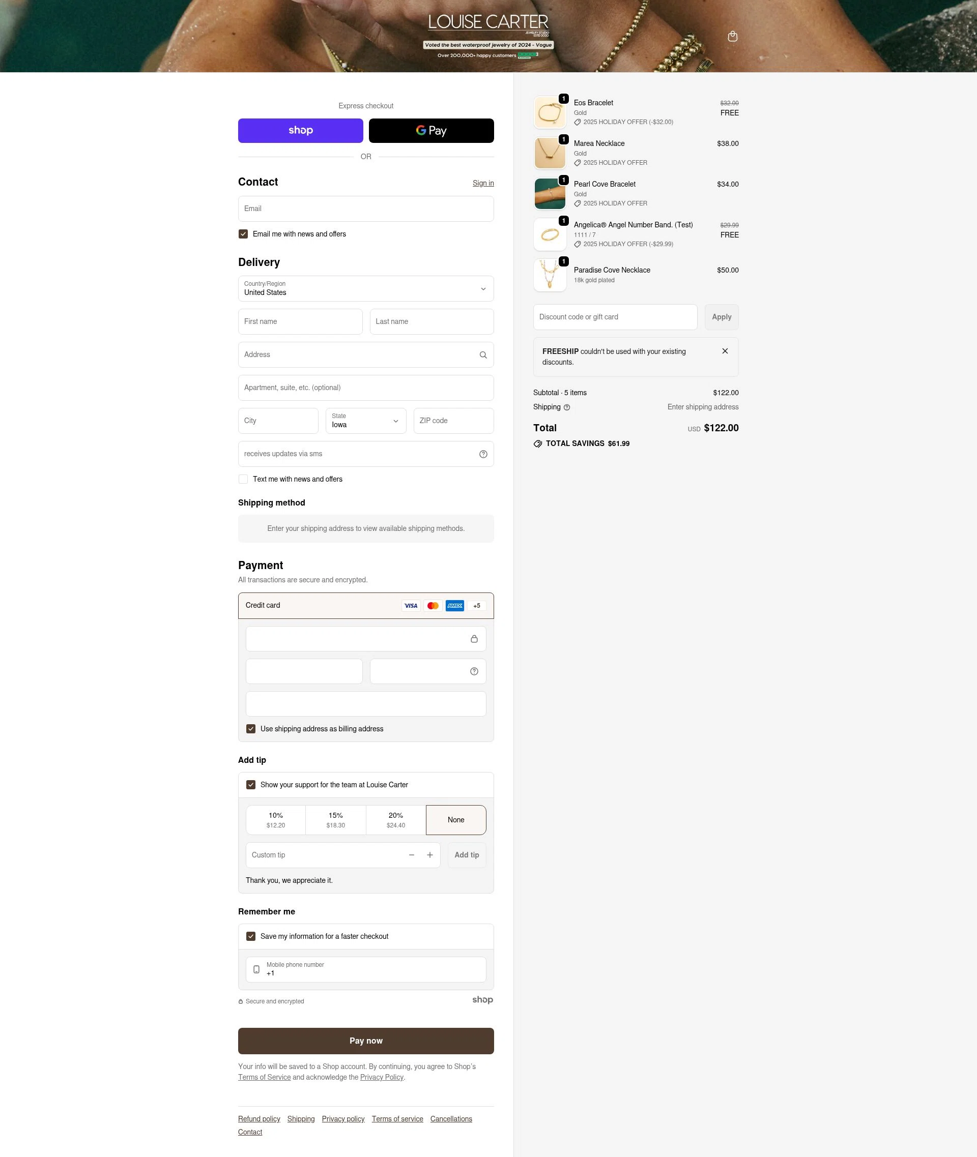 Louise Carter checkout page showing Louise Carter discount code box | Screenshot taken by SimplyCodes community member on Jan 25, 2026