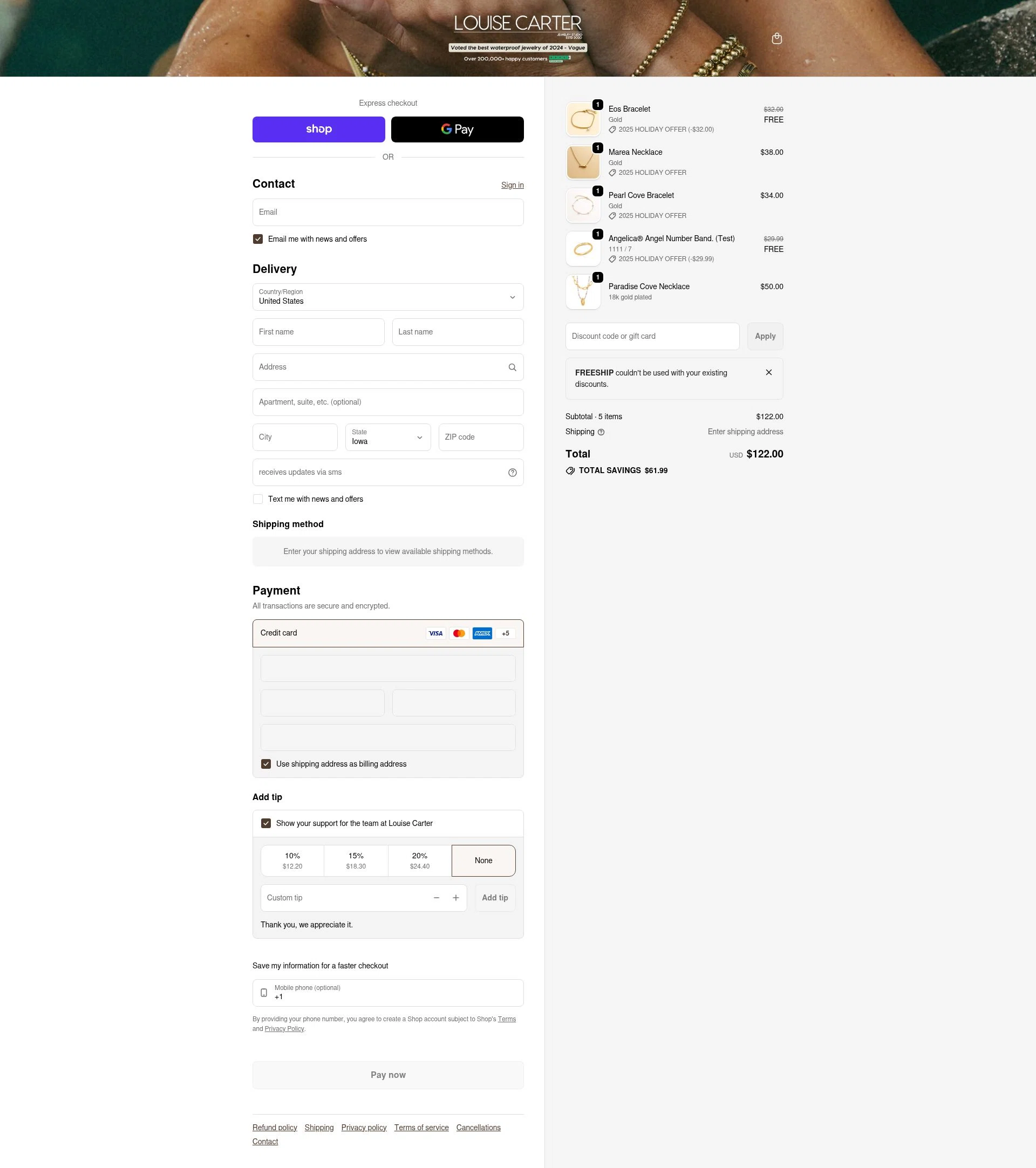 Louise Carter checkout page showing Louise Carter discount code box | Screenshot taken by SimplyCodes community member on Feb 2, 2026