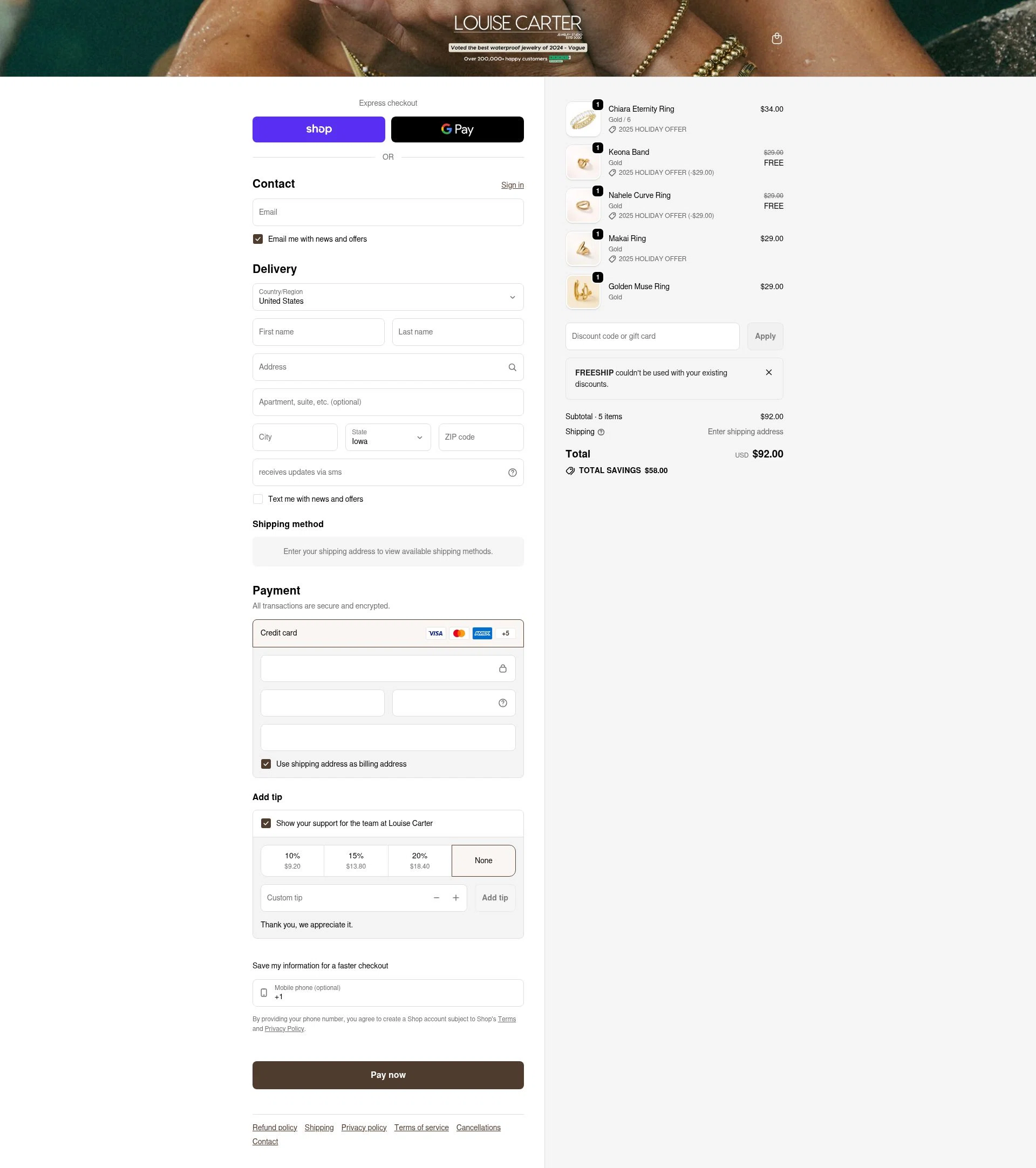 Louise Carter checkout page showing Louise Carter discount code box | Screenshot taken by SimplyCodes community member on Feb 11, 2026