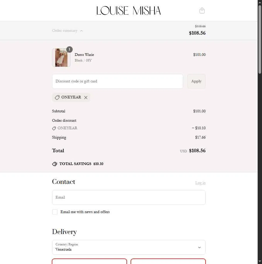 Louise Misha checkout page showing Louise Misha promo code box | Screenshot taken by SimplyCodes community member on Jun 18, 2025