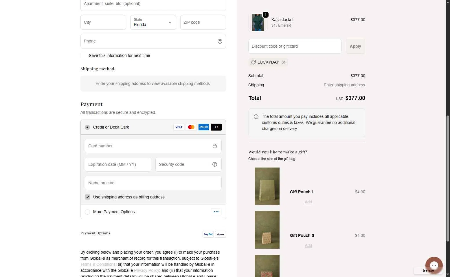 Louise Misha checkout page showing Louise Misha promo code box | Screenshot taken by SimplyCodes community member on Sep 19, 2025