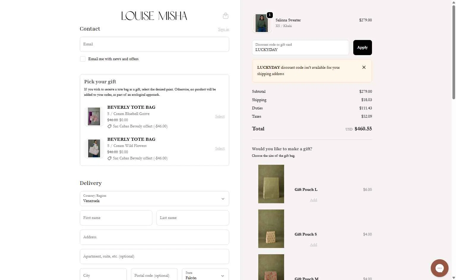 Louise Misha checkout page showing Louise Misha promo code box | Screenshot taken by SimplyCodes community member on Dec 15, 2025