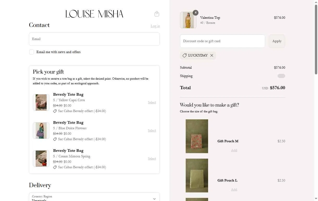 Louise Misha checkout page showing Louise Misha promo code box | Screenshot taken by SimplyCodes community member on Jul 23, 2025