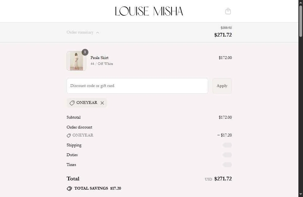 Louise Misha checkout page showing Louise Misha promo code box | Screenshot taken by SimplyCodes community member on Aug 16, 2025