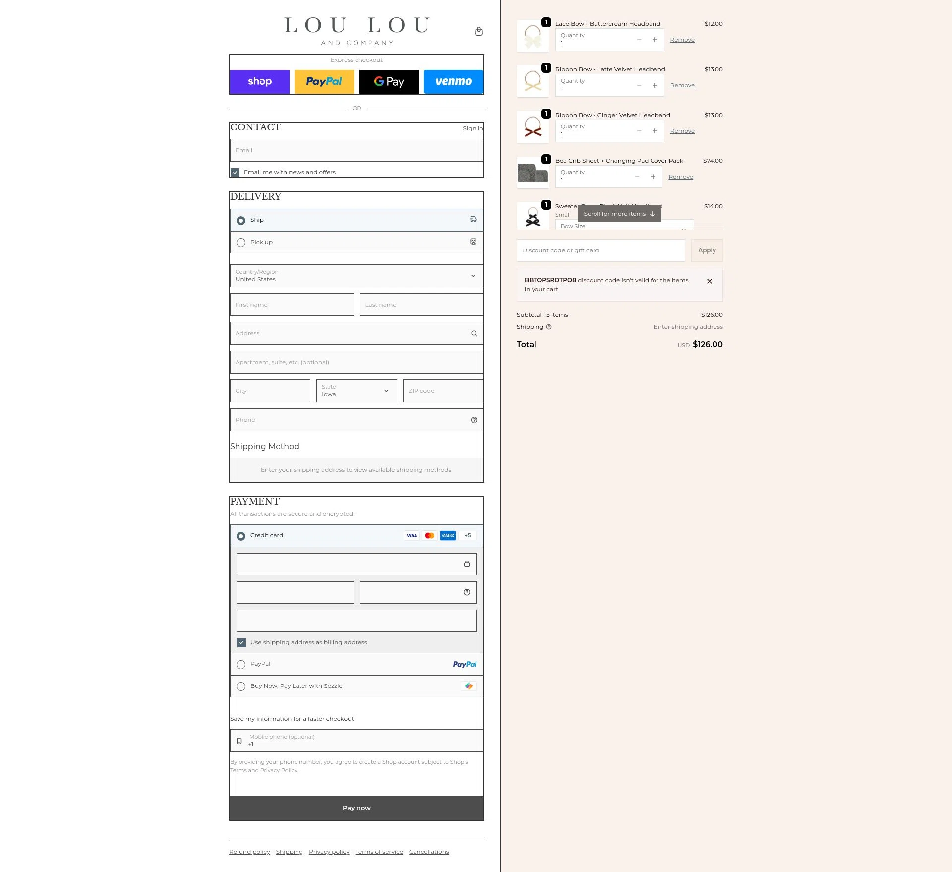 Lou Lou & Company checkout page showing Lou Lou & Company promo code box | Screenshot taken by SimplyCodes community member on Feb 7, 2026