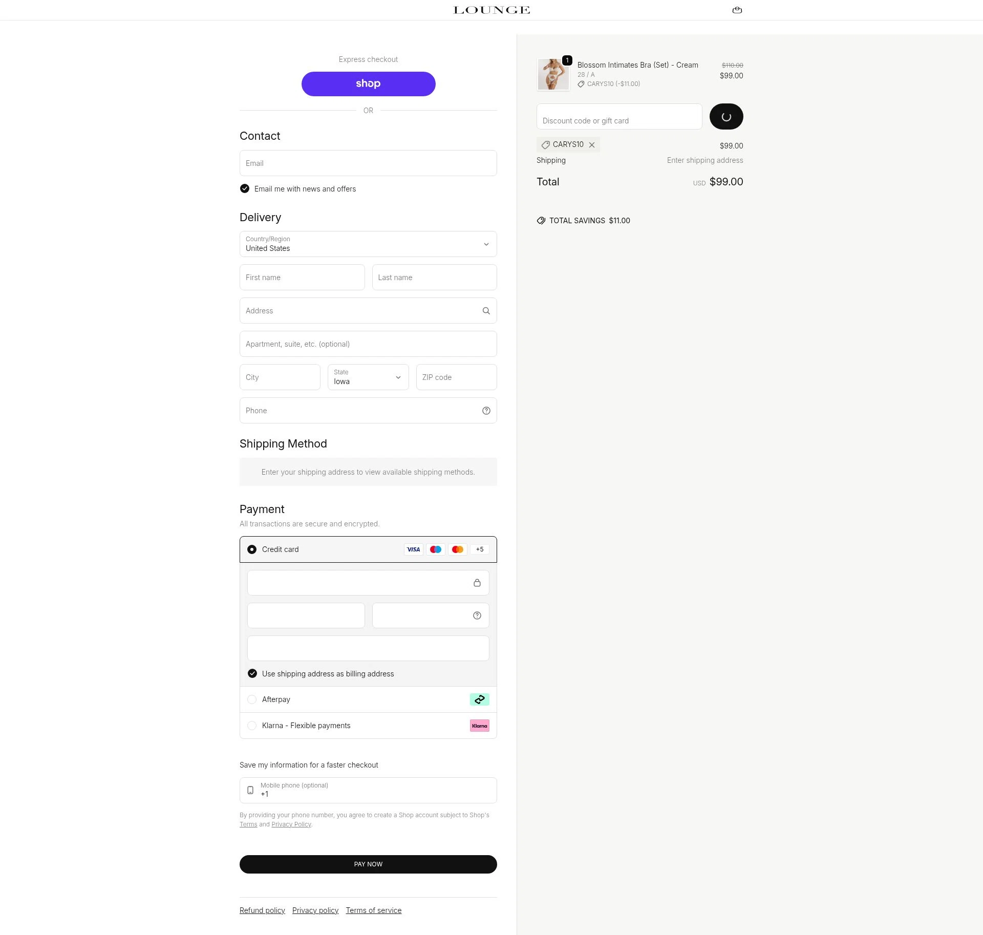 Lounge Underwear checkout page showing Lounge Underwear discount code box | Screenshot taken by SimplyCodes community member on Feb 13, 2026