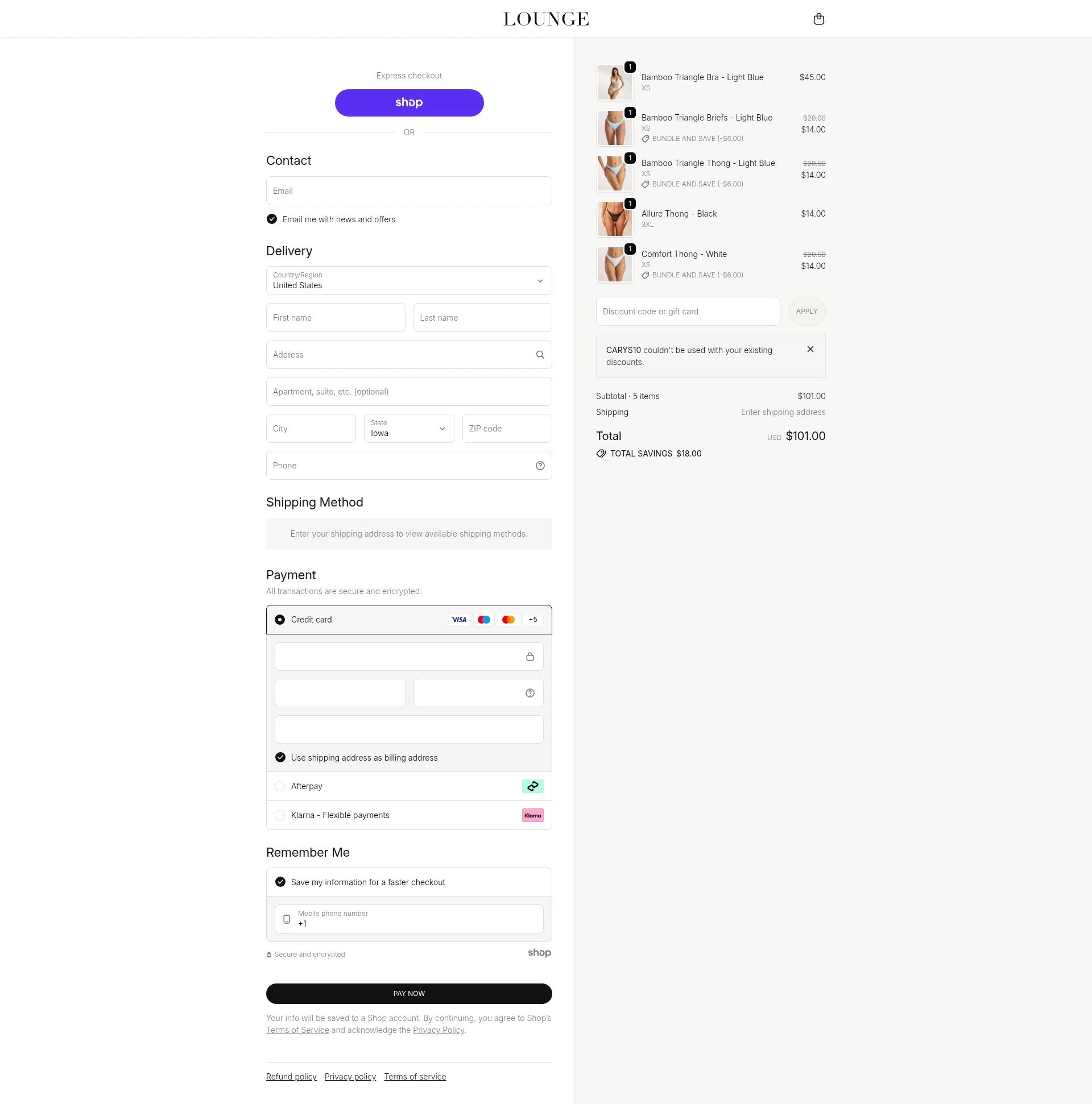 Lounge Underwear checkout page showing Lounge Underwear discount code box | Screenshot taken by SimplyCodes community member on Jan 27, 2026