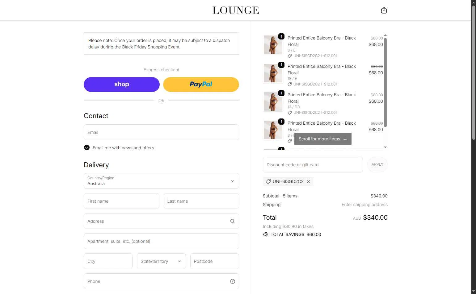 Lounge Underwear checkout page showing Lounge Underwear discount code box | Screenshot taken by SimplyCodes community member on Dec 23, 2025