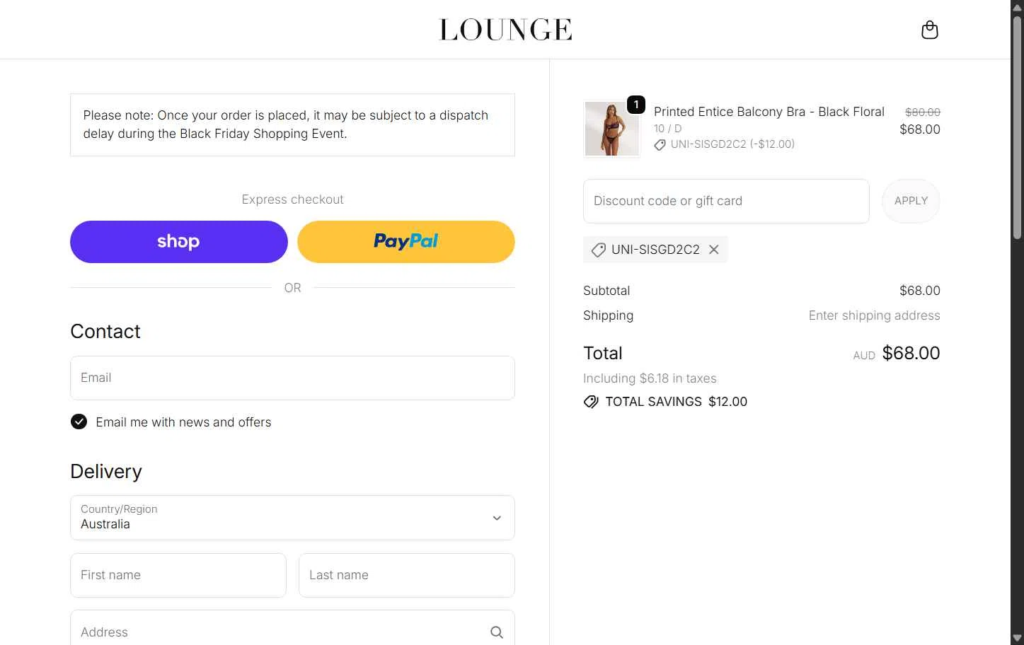 Lounge Underwear checkout page showing Lounge Underwear discount code box | Screenshot taken by SimplyCodes community member on Dec 22, 2025