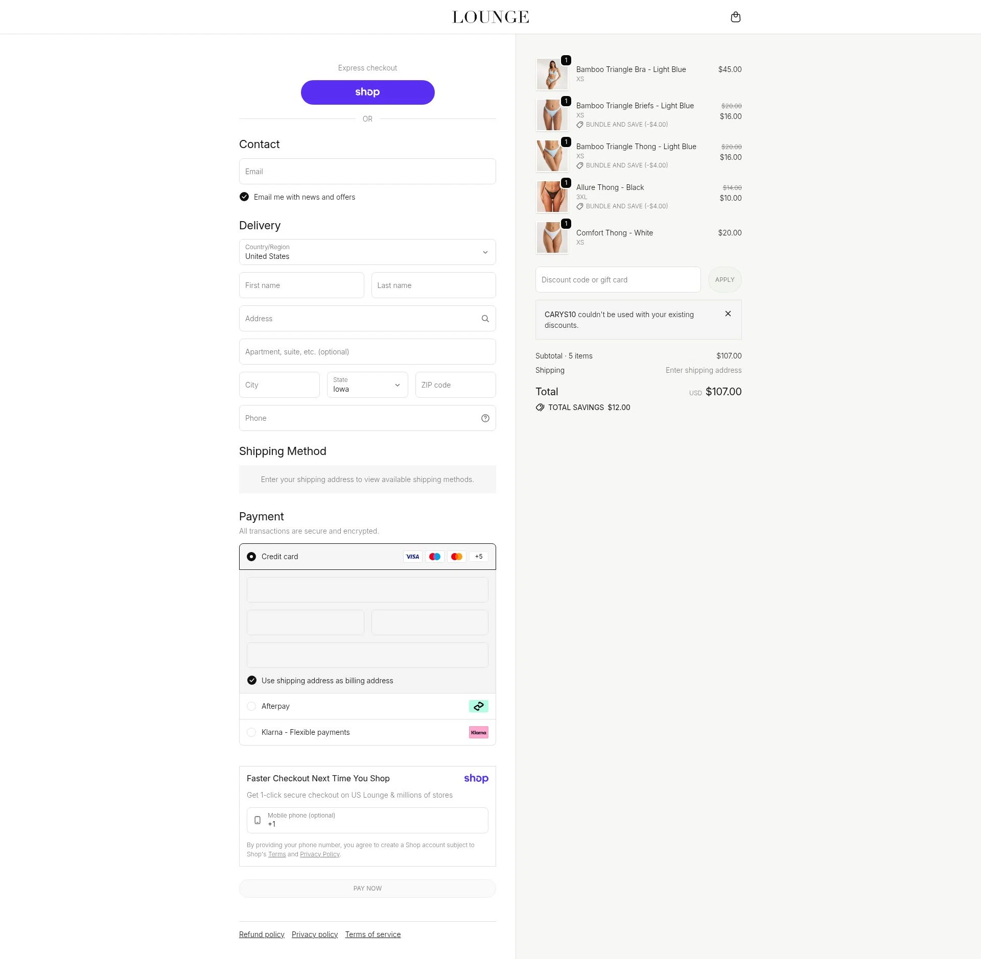 Lounge Underwear checkout page showing Lounge Underwear discount code box | Screenshot taken by SimplyCodes community member on Jan 17, 2026