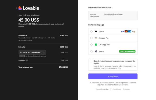Lovable checkout page showing Lovable promo code box | Screenshot taken by SimplyCodes community member on Sep 11, 2025