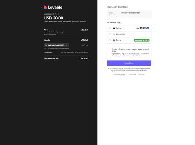 Lovable checkout page showing Lovable promo code box | Screenshot taken by SimplyCodes community member on Sep 8, 2025