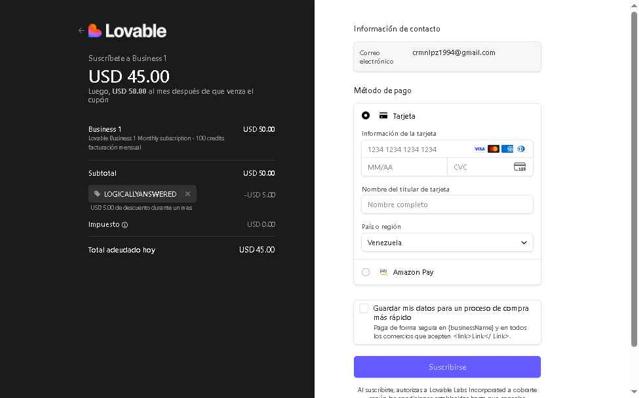 Lovable checkout page showing Lovable promo code box | Screenshot taken by SimplyCodes community member on Aug 30, 2025