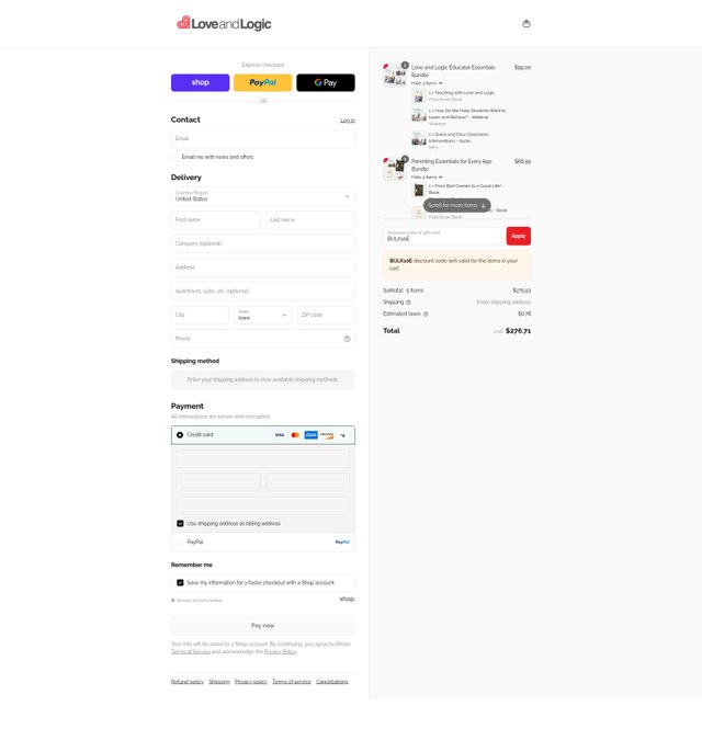 Love and Logic checkout page showing Love and Logic discount code box | Screenshot taken by SimplyCodes community member on Sep 4, 2025